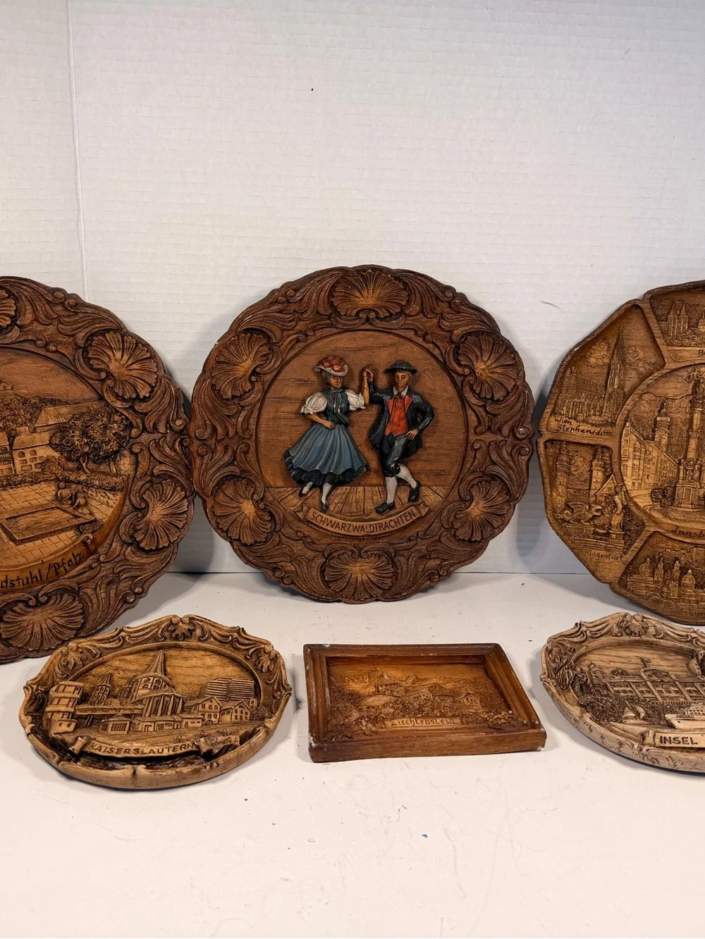 Vintage German and Austrian 3D Carved Wood Resin Relief Souvenir Wall